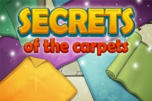 Dòng chữ SECRETS of the carpets với các tấm thảm màu sắc đa dạng trên nền sáng lấp lánh
