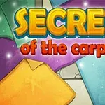 Dòng chữ SECRETS of the carpets với các tấm thảm màu sắc đa dạng trên nền sáng lấp lánh