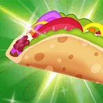 Hình ảnh của một chiếc taco nhiều màu sắc với nhân rau và thịt, trên nền xanh lá cây sáng