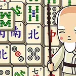 Một nhân vật hoạt hình già tóc trắng cầm gậy đứng trước nền các quân bài với ký tự và họa tiết khác nhau