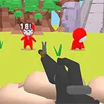Cảnh trong game với vũ khí chĩa vào nhân vật màu đỏ trên nền phong cảnh rừng cây và cỏ xanh