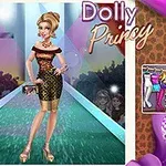 Một cô gái mặc váy sang trọng đứng trên sàn diễn thời trang với nền rực rỡ và logo Dolly Princy ở góc trên bên phải