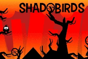 Hình ảnh có nền đỏ cam với các cây và chim đen silhouette cùng bánh xe, bên trên có chữ SHADOBIRDS