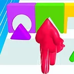 Nhân vật màu đỏ đang chạy về phía một bức tường có các hình khối màu sắc khác nhau và hình dạng cắt ra phù hợp