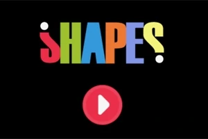Chữ SHAPES đầy màu sắc trên nền đen với nút phát màu đỏ bên dưới