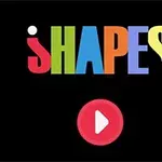 Chữ SHAPES đầy màu sắc trên nền đen với nút phát màu đỏ bên dưới