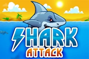 Cá mập hoạt hình với bầu trời hoàng hôn và dòng chữ Shark Attack