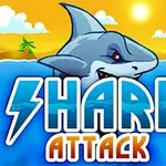 Cá mập hoạt hình với bầu trời hoàng hôn và dòng chữ Shark Attack