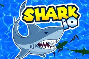 Hình ảnh một con cá mập đang bơi trong nước với chữ SHARK io nổi bật