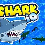Hình ảnh một con cá mập đang bơi trong nước với chữ SHARK io nổi bật