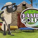 Một con cừu đứng trên nền đồng cỏ cùng một cây gậy đánh golf, bên cạnh là logo với chữ Baaahmy Golf