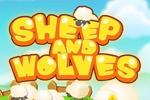 Chữ SHEEP AND WOLVES màu vàng cam nổi bật với hình một con cừu giữa chữ, nền trời xanh mây trắng