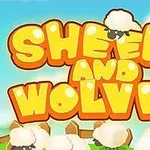 Chữ SHEEP AND WOLVES màu vàng cam nổi bật với hình một con cừu giữa chữ, nền trời xanh mây trắng
