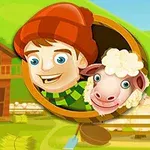 Người đàn ông đội mũ len đỏ và con cừu xuất hiện trong vòng tròn bên cạnh ngôi nhà gỗ với phong cảnh nông trại nền