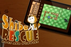 Trên nền gỗ, hình ảnh có một chú chó Shiba đứng bên cạnh một tablet hiển thị trò chơi có lưới ô vuông màu xanh lá
