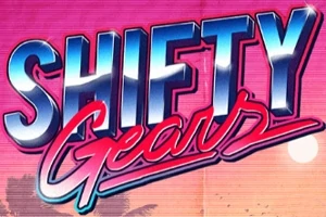 Chữ Shifty Gears trong phong cách neon phong cách retro trên nền trời hoàng hôn với bóng cây cọ