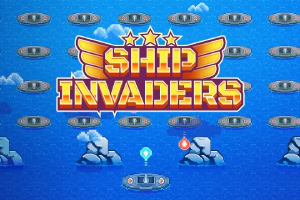 Hình ảnh có chữ Ship Invaders với các con tàu bay nhỏ trên nền xanh biển, cùng các đám mây và đá