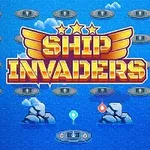 Hình ảnh có chữ Ship Invaders với các con tàu bay nhỏ trên nền xanh biển, cùng các đám mây và đá