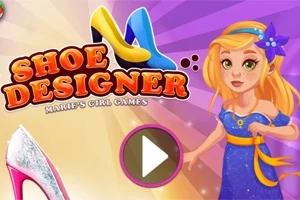 Cô gái tóc vàng mặc váy xanh đứng cạnh dòng chữ Shoe Designer với hình ảnh đôi giày cao gót màu sắc rực rỡ