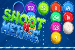 Các quả bóng màu sắc có số trên nền xanh, với chữ SHOOT N MERGE bằng chữ lớn