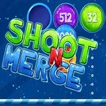 Các quả bóng màu sắc có số trên nền xanh, với chữ SHOOT N MERGE bằng chữ lớn