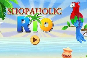 Chữ SHOPAHOLIC RIO nổi bật trên nền biển xanh với một con vẹt màu sắc rực rỡ ngồi trên cành cây