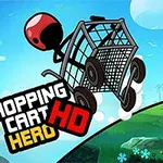 Hình ảnh một nhân vật đội mũ bảo hiểm màu đỏ đang lái một chiếc xe đẩy mua sắm trên đồi xanh với chữ Shopping Cart Hero HD ở góc trái