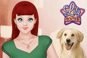 Một cô gái với mái tóc đỏ và đôi mắt xanh đứng cạnh một chú chó màu vàng xuất hiện bên dưới logo có chữ Lily Games