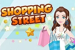 Hình ảnh minh họa một nhân vật hoạt hình cầm nhiều túi mua sắm với chữ Shopping Street phía trên