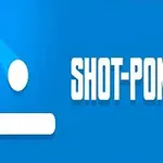 Quả bóng rơi xuống thanh ngang màu trắng trên nền xanh với dòng chữ SHOT-PONG