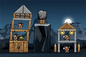 Những chú lính Viking đội mũ sắt đứng trong hai tòa nhà gỗ và một tảng đá lớn, với bối cảnh bầu trời đêm và mặt trăng phía sau