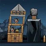 Những chú lính Viking đội mũ sắt đứng trong hai tòa nhà gỗ và một tảng đá lớn, với bối cảnh bầu trời đêm và mặt trăng phía sau