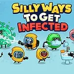 Các nhân vật hoạt hình vui nhộn đeo khẩu trang và đồ bảo hộ, cùng một chiếc virus với khuôn mặt hoạt hình vui tươi trên nền xanh