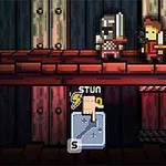 Hai nhân vật pixel đang đối đầu nhau với thanh kiếm, có biểu tượng hướng dẫn nhấn phím S để gây choáng