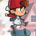 Cậu bé hoạt hình đội mũ lưỡi trai nhảy lên ván trượt trước ngôi nhà