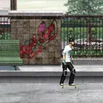 Một nhân vật đi trên vỉa hè với tường có graffiti và hàng rào sắt phía sau