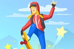Người đang lướt ván trượt với áo hoodie màu đỏ, quần xanh, và mũ, trong bối cảnh bầu trời xanh cùng các ngôi sao vàng xung quanh