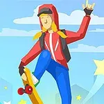 Người đang lướt ván trượt với áo hoodie màu đỏ, quần xanh, và mũ, trong bối cảnh bầu trời xanh cùng các ngôi sao vàng xung quanh