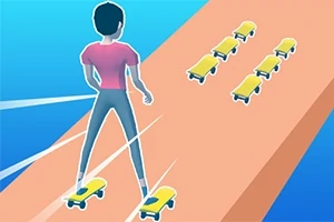 Một nhân vật đang trượt ván trên đường với nhiều tấm ván trượt nhỏ phía trước