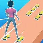 Một nhân vật đang trượt ván trên đường với nhiều tấm ván trượt nhỏ phía trước
