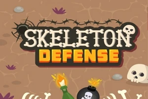 Tiêu đề Skeleton Defense được trang trí bằng biểu tượng bộ xương, bom, và chai phía trên nền đất có gai
