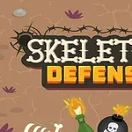 Tiêu đề Skeleton Defense được trang trí bằng biểu tượng bộ xương, bom, và chai phía trên nền đất có gai