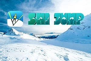 Cảnh tuyết phủ trên núi với chữ Ski Jump nổi bật bên cạnh biểu tượng người trượt tuyết