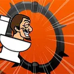 Người đàn ông hoạt hình ngồi trên bồn cầu với nền cam và vòng bánh răng lớn phía sau