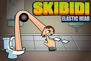 Một đầu người vươn dài ra từ bồn cầu, với nền là nhà vệ sinh, kèm chữ Skibidi Elastic Head