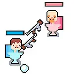 Hai nhân vật pixel ngồi trên bệ vệ sinh màu xanh và hồng đối đầu với nhau, cầm súng, với một hộp quà ở bên cạnh