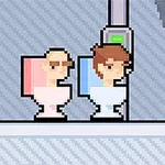 Hai nhân vật pixel ngồi trên bồn cầu với phông nền sọc nghiêng