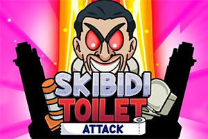 Người có đôi mắt đỏ rực, nền ánh sáng màu hồng và vàng, với chữ SKIBIDI TOILET ATTACK nổi bật phía trước