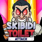 Người có đôi mắt đỏ rực, nền ánh sáng màu hồng và vàng, với chữ SKIBIDI TOILET ATTACK nổi bật phía trước