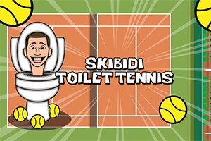 Người đang ngồi trong bồn cầu với nhiều quả bóng tennis xung quanh và dòng chữ Skibidi Toilet Tennis trên sân tennis